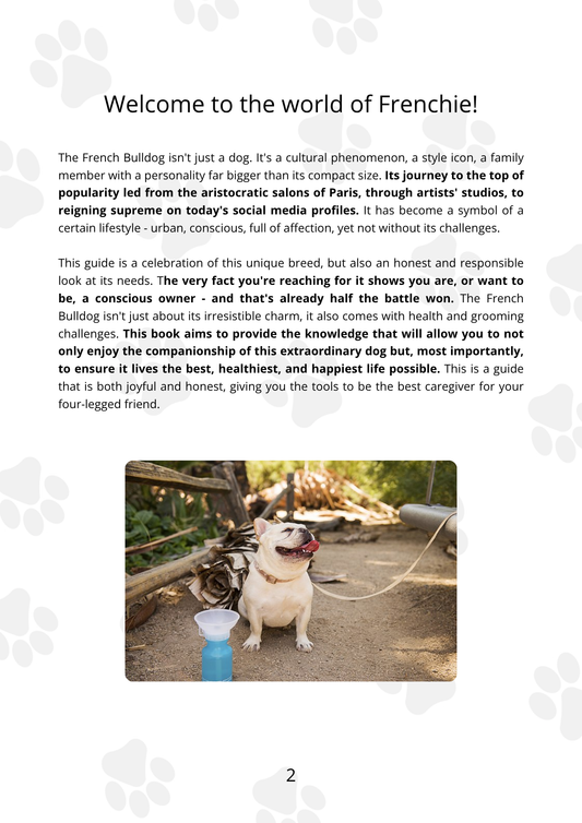 Book or document page about the French Bulldog with text and a photo of a dog on a leash.