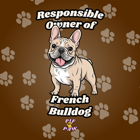 Cartoon French Bulldog on a brown background with paw prints and text about responsible ownership.