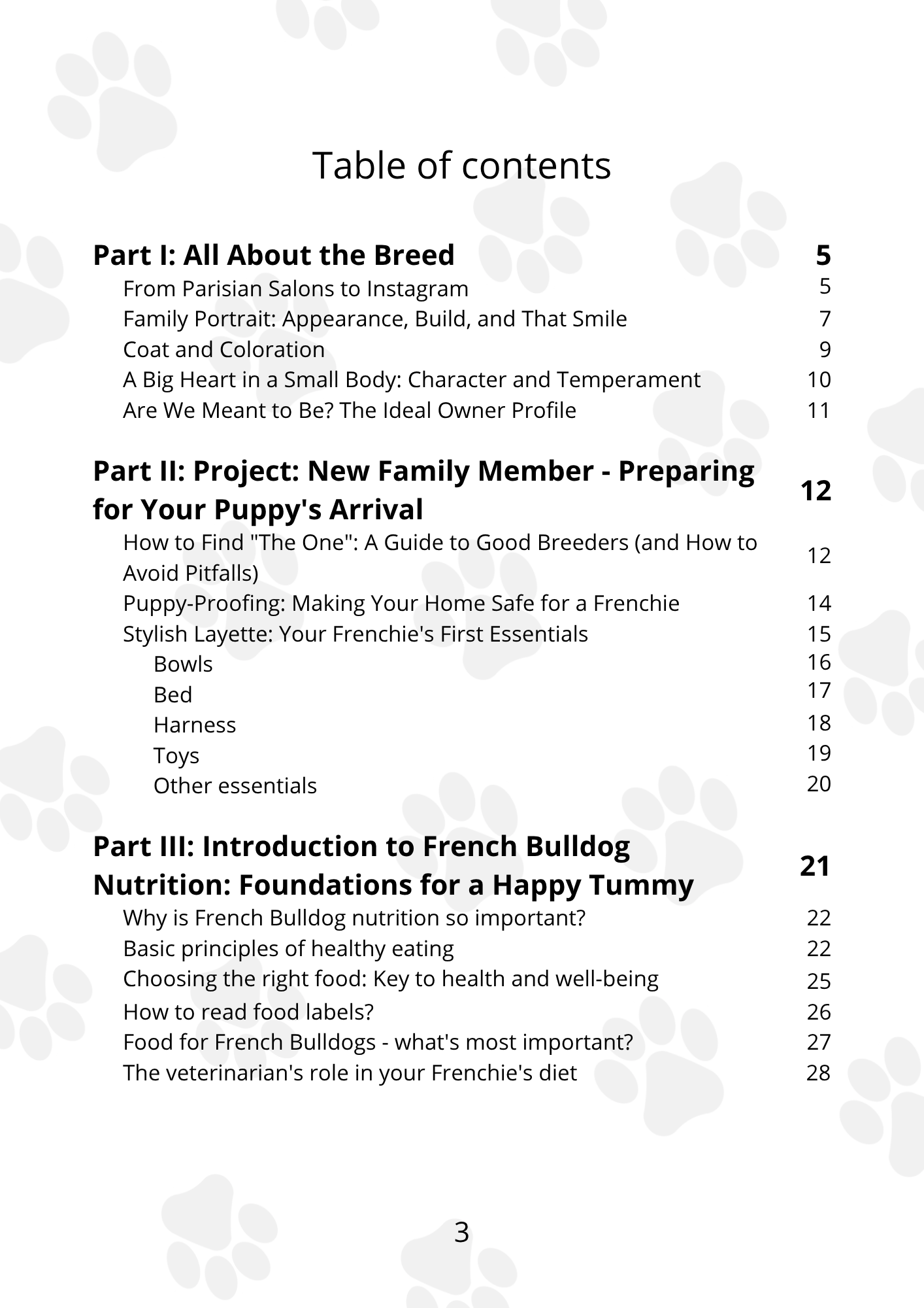 Table of contents for a book or document about French Bulldogs, including sections on the breed, preparing for a puppy's arrival, and introducing French Bulldogs to their new home.