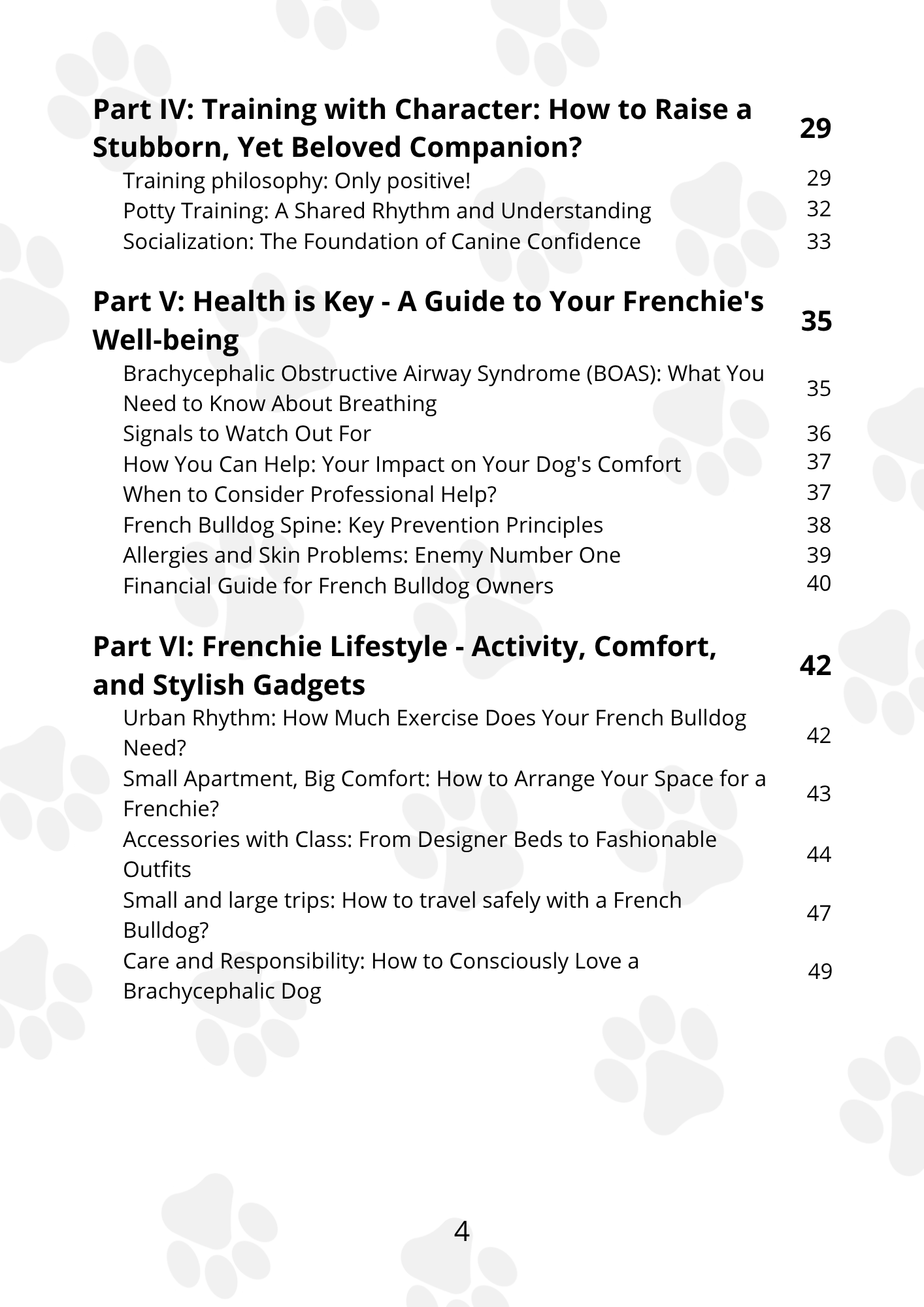 Table of contents page for a book on raising a French Bulldog with a white background and black text.